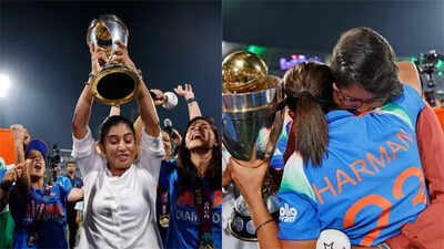 WATCH: Emotional scenes as Team India shares World Cup trophy with Mithali Raj and Jhulan Goswami after historic win | Cricket News