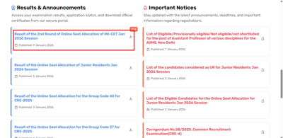 AIIMS INI CET January 2026 counselling round 2 seat allotment result released: Direct link to download here