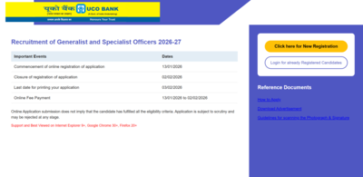 UCO Bank SO recruitment 2026-27: Registration underway for 173 posts; direct link to apply here