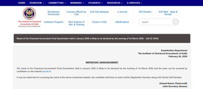 ICAI CA Final result 2026 date confirmed: Scorecards to be issued on March 1, check details