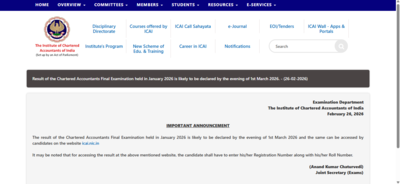 ICAI CA Final result 2026 to be released tomorrow: Check when and where to download scorecards