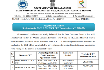 MAH CET 2026 registration deadline extended for MHMCT, MCA till this date: Check official notice here