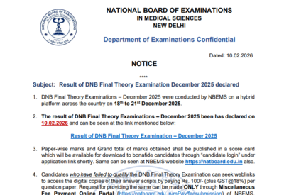 NBEMS DNB Final Theory exam result 2026 released at natboard.edu.in: Direct link to download here