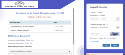 RBI Office Attendant admit card 2026 released: Direct link to download call letter here
