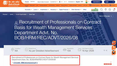 Bank of Baroda recruitment 2026 opens for 104 posts; check eligibility, dates, fees
