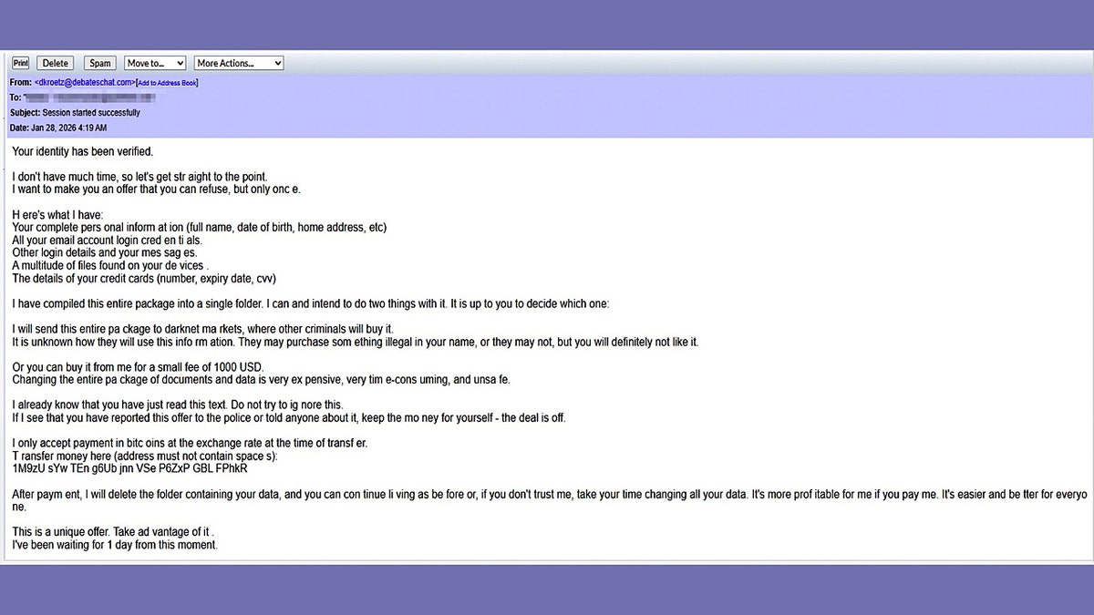 Email extortion scam demands Bitcoin payment for allegedly stolen data