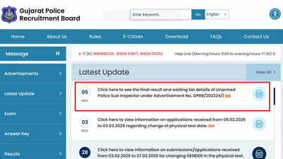 Gujarat Police releases final selection merit list and cut-offs for 472 unarmed sub inspectors; download result PDF here