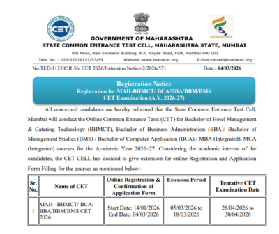 MAH CET 2026 registration deadline extended for BBA, BCA, BHMCT and other courses: Check new date here