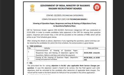 RRB Technician Grade-I CBT 2026 answer key objection window will open on THIS date: Check details here