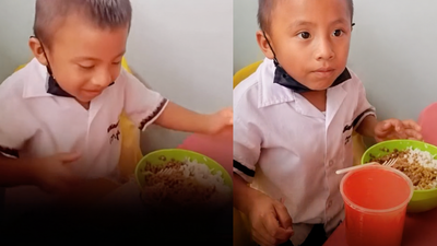This little boy was not willing to eat the best part of his meal because he was saving it for… “It’s for my…” |