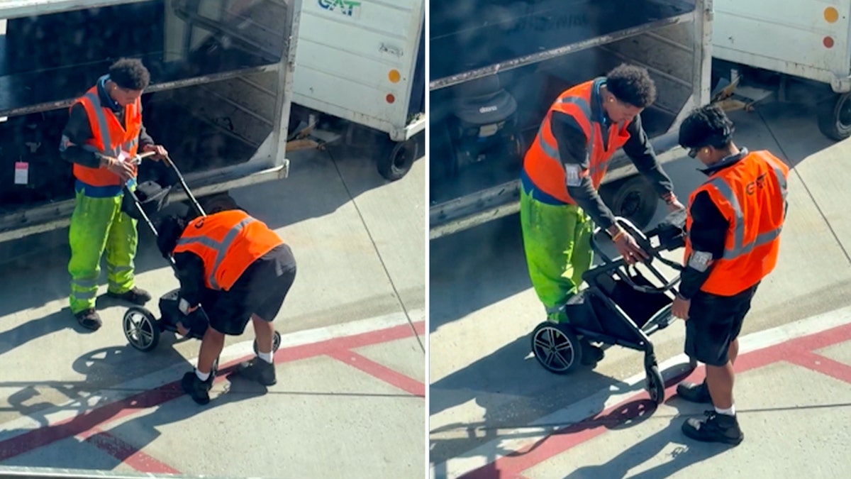 Crowd cheers as airport workers finally collapse stubborn baby stroller